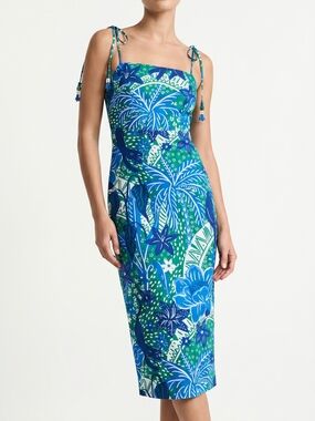 Rachel Zoe Blue & Green Tropical Print Tie-Shoulder Midi Dress NWT - XS